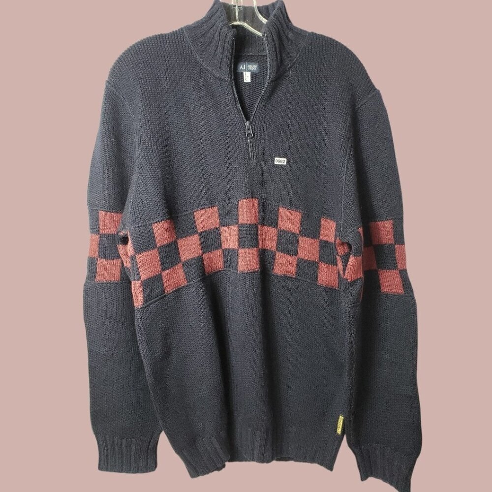 Armani Jeans Vtg Mens Black & Red Checkered Half-Zip Sweater Made In Italy Large